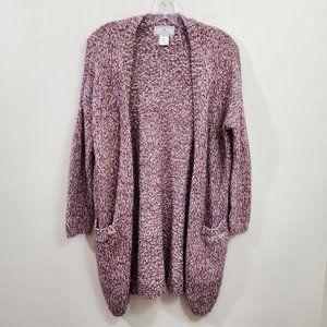 Ruby‎ Moon Maroon & cream colored longer open front cardigan with pockets size S